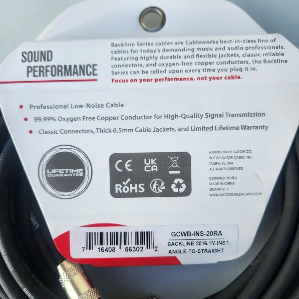 NEW 20' Electric Guitar Cable Cableworks Gator Cases Backline Series Standard 20